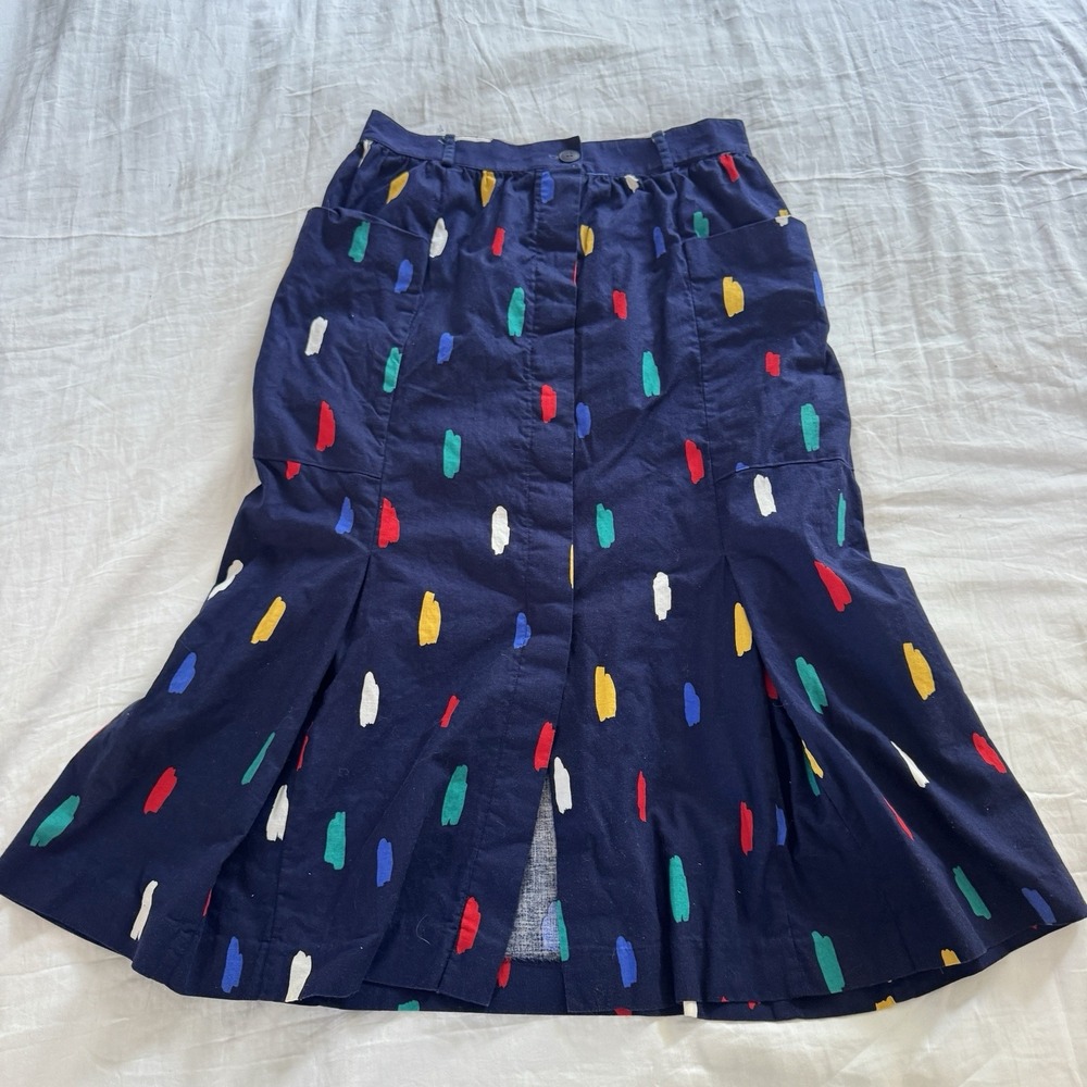 Vintage 80s 90s Colorful Abstract Elastic Waist Cotton Skirt Pockets Artsy Sz L